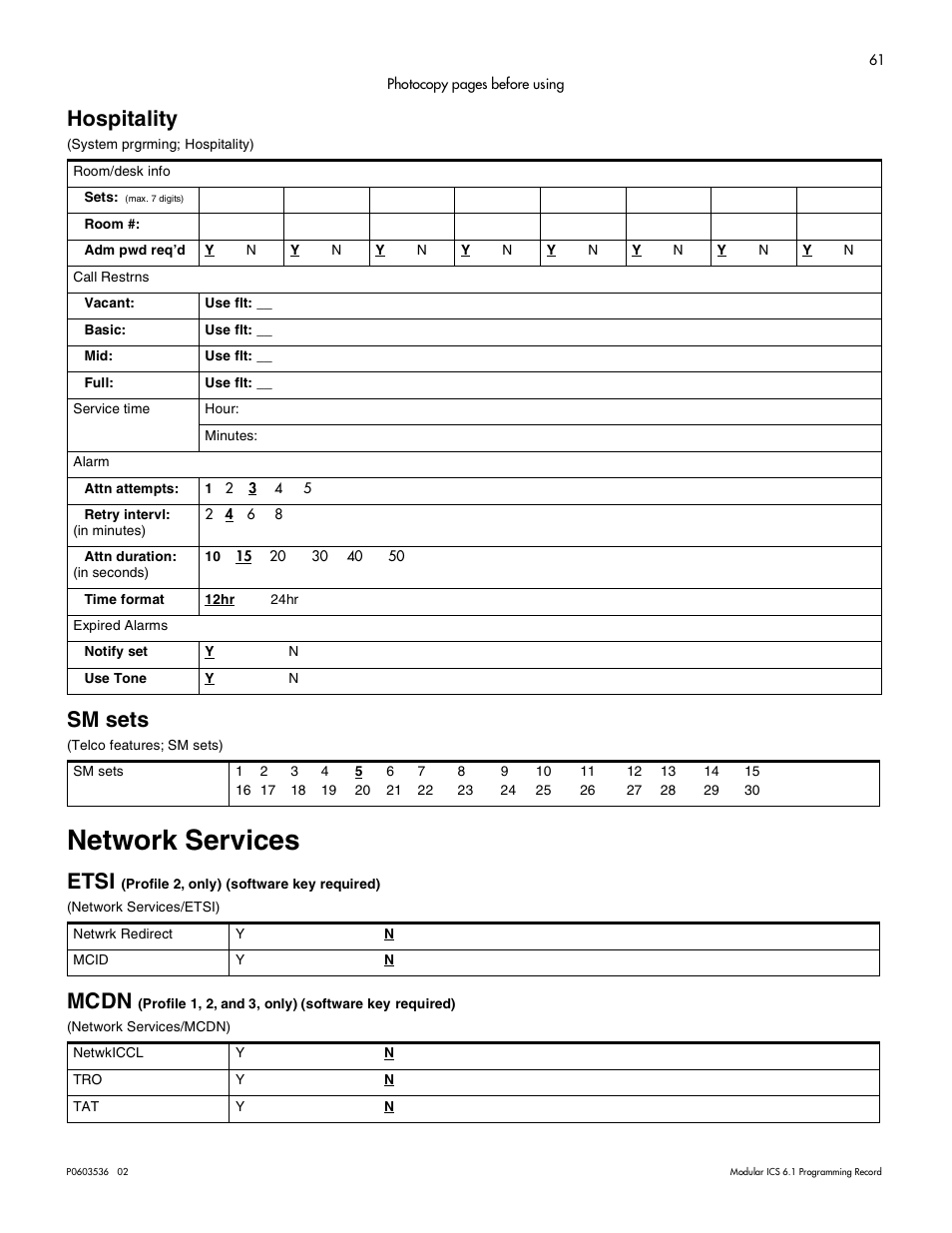 Hospitality, Sm sets, Network services | Etsi (profile 2, only) (software key required), Hospitality 61, Sm sets 61, Network services 61, Etsi (profile 2, only) (software key required) 61, Etsi, Mcdn | Nortel Networks ICS 6.1 User Manual | Page 69 / 116