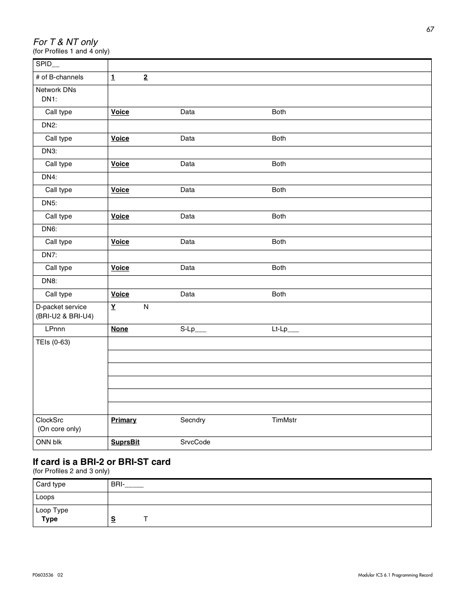 If card is a bri-2 or bri-st card, If card is a bri-2 or bri-st card 67, For t & nt only | Nortel Networks ICS 6.1 User Manual | Page 75 / 116