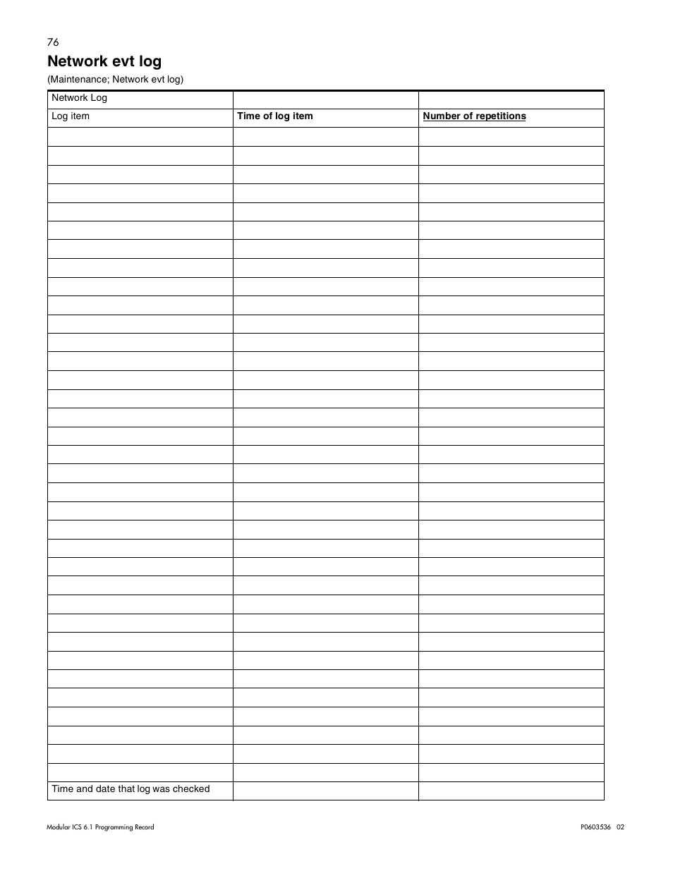 Network evt log, Network evt log 75 | Nortel Networks ICS 6.1 User Manual | Page 84 / 116