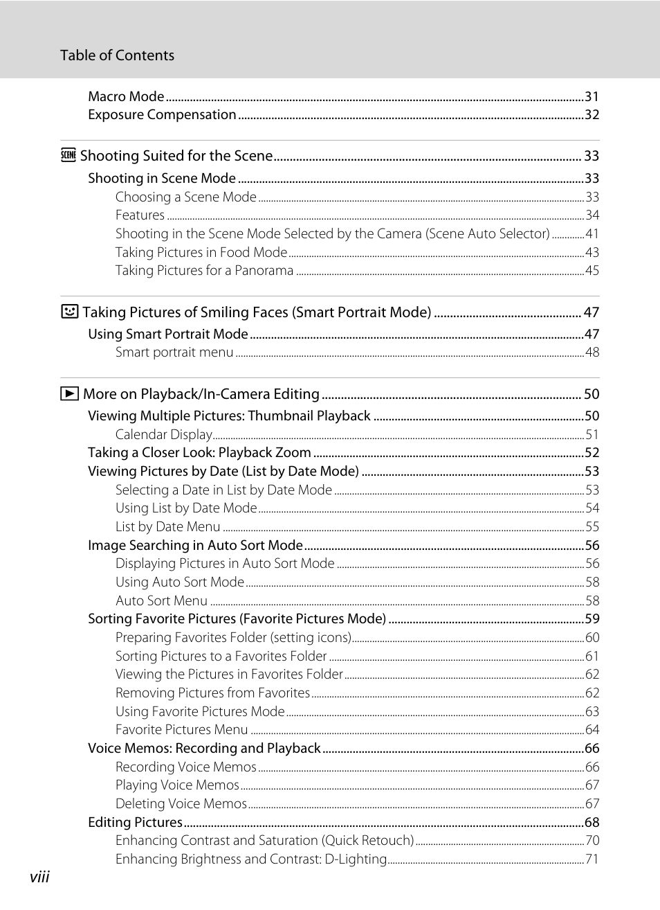 Viii | Nikon S570 User Manual | Page 10 / 172