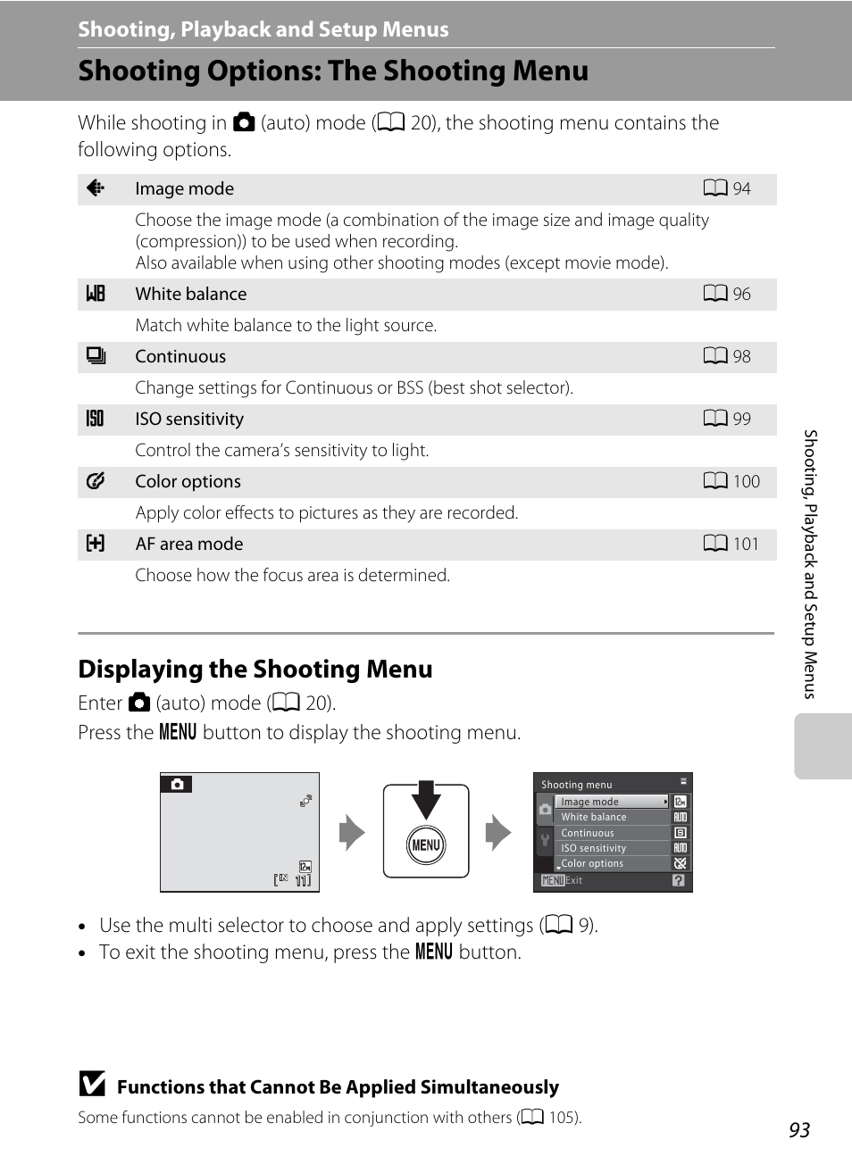 Shooting, playback and setup menus, Shooting options: the shooting menu, Displaying the shooting menu | D shooting, playback and setup menus, A 93) | Nikon S570 User Manual | Page 105 / 172