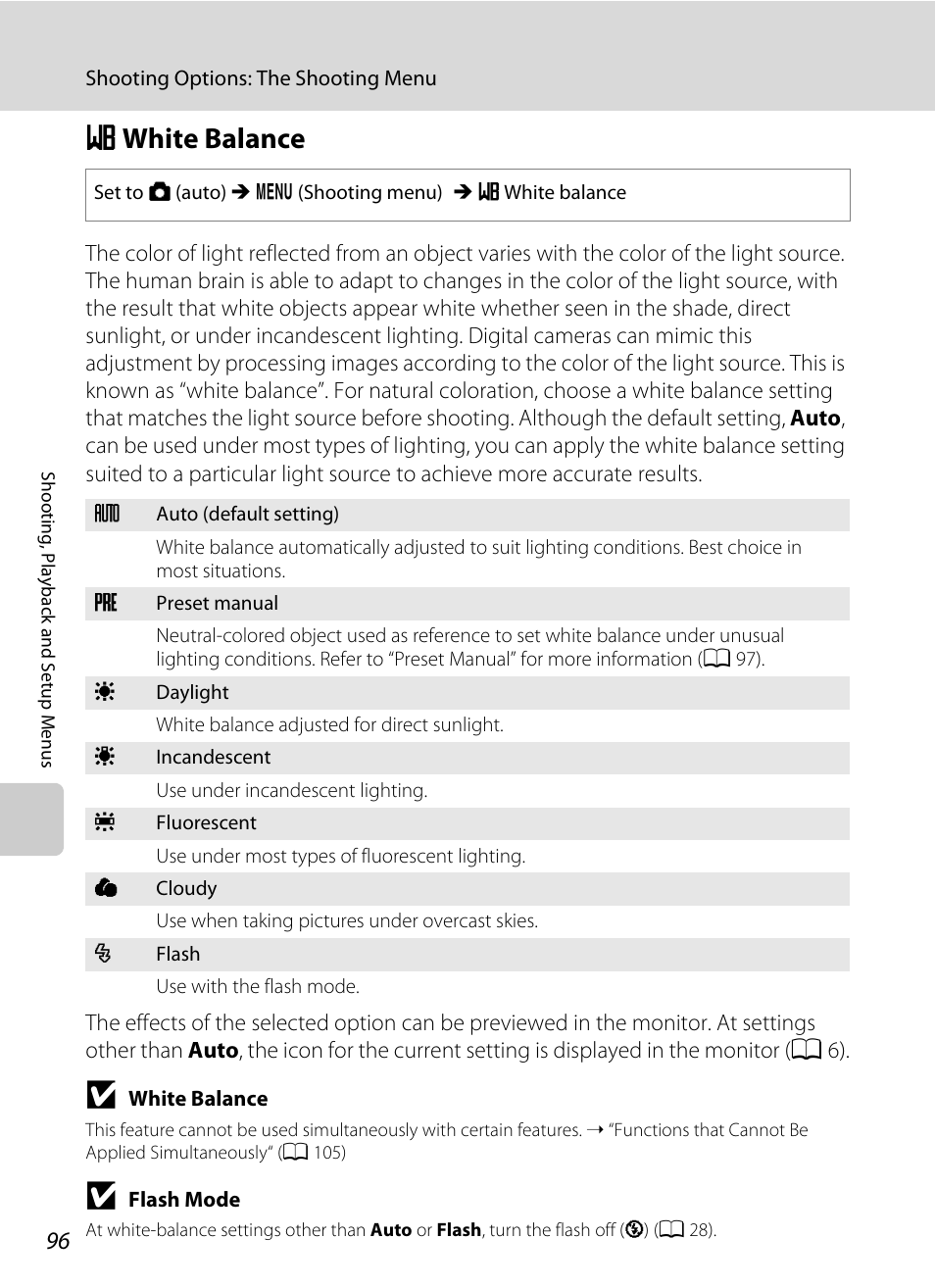 White balance, B white balance, A 96 | Nikon S570 User Manual | Page 108 / 172