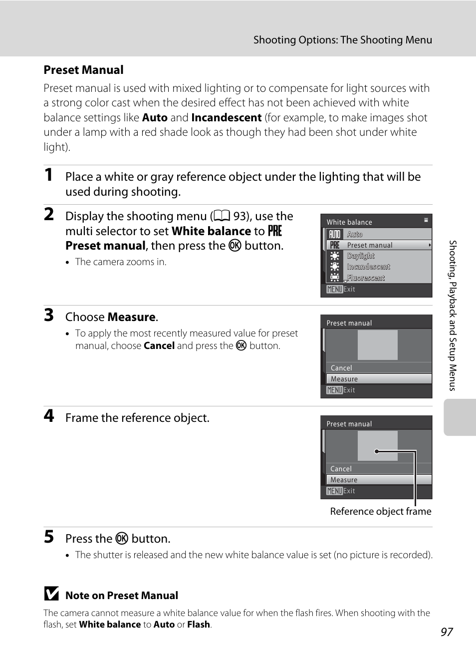 Preset manual” fo, A 97), Preset manual | Choose measure, Frame the reference object, Press the k button | Nikon S570 User Manual | Page 109 / 172