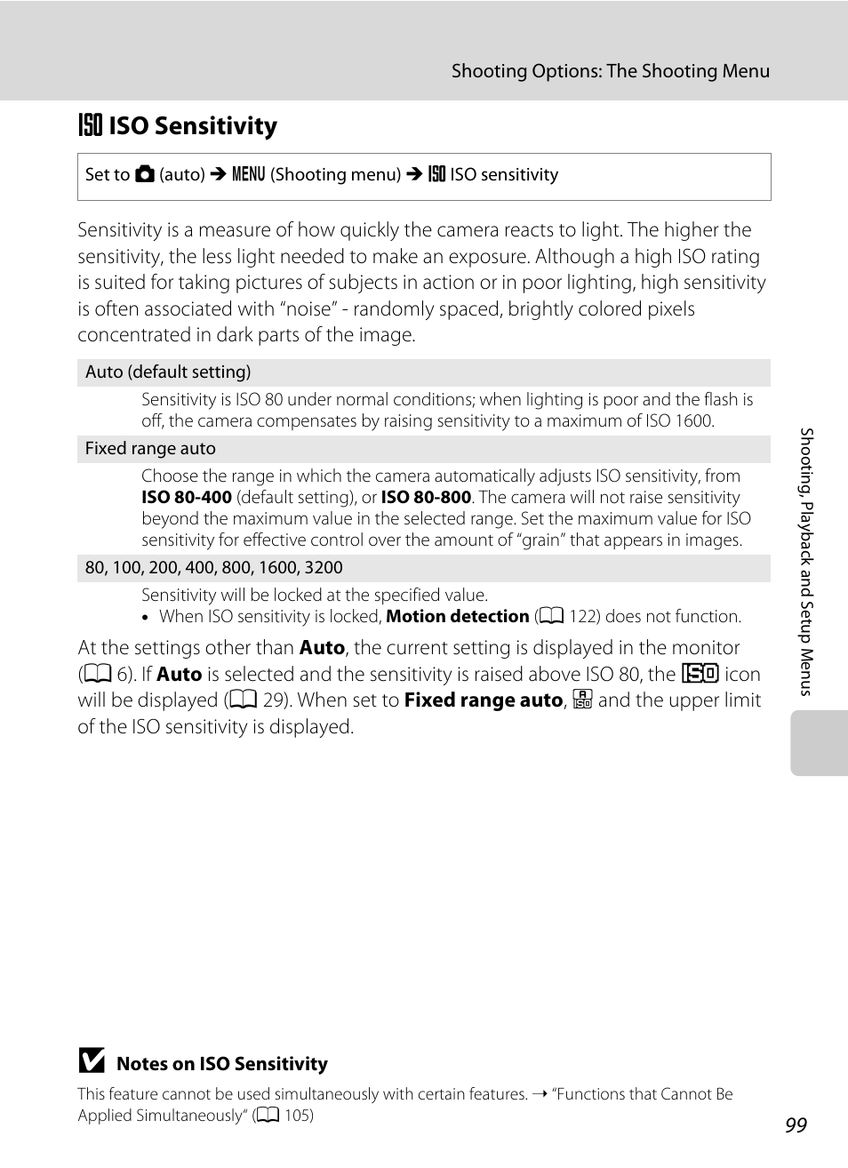 Iso sensitivity, E iso sensitivity, A 99 | Nikon S570 User Manual | Page 111 / 172