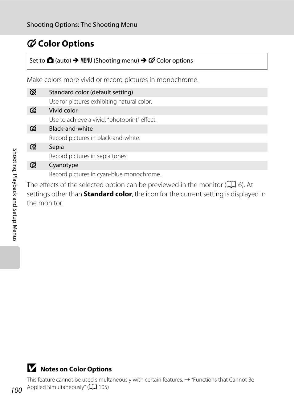 Color options, F color options, A 100 | Nikon S570 User Manual | Page 112 / 172
