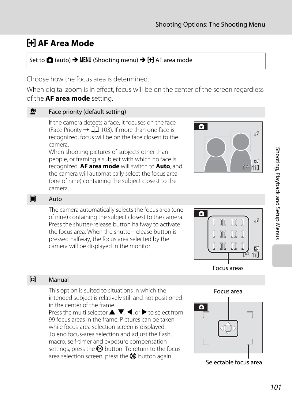 Af area mode, G af area mode, A 101) or “fa | A 101). press th, A 101) i, A 101). pr, A 101 | Nikon S570 User Manual | Page 113 / 172