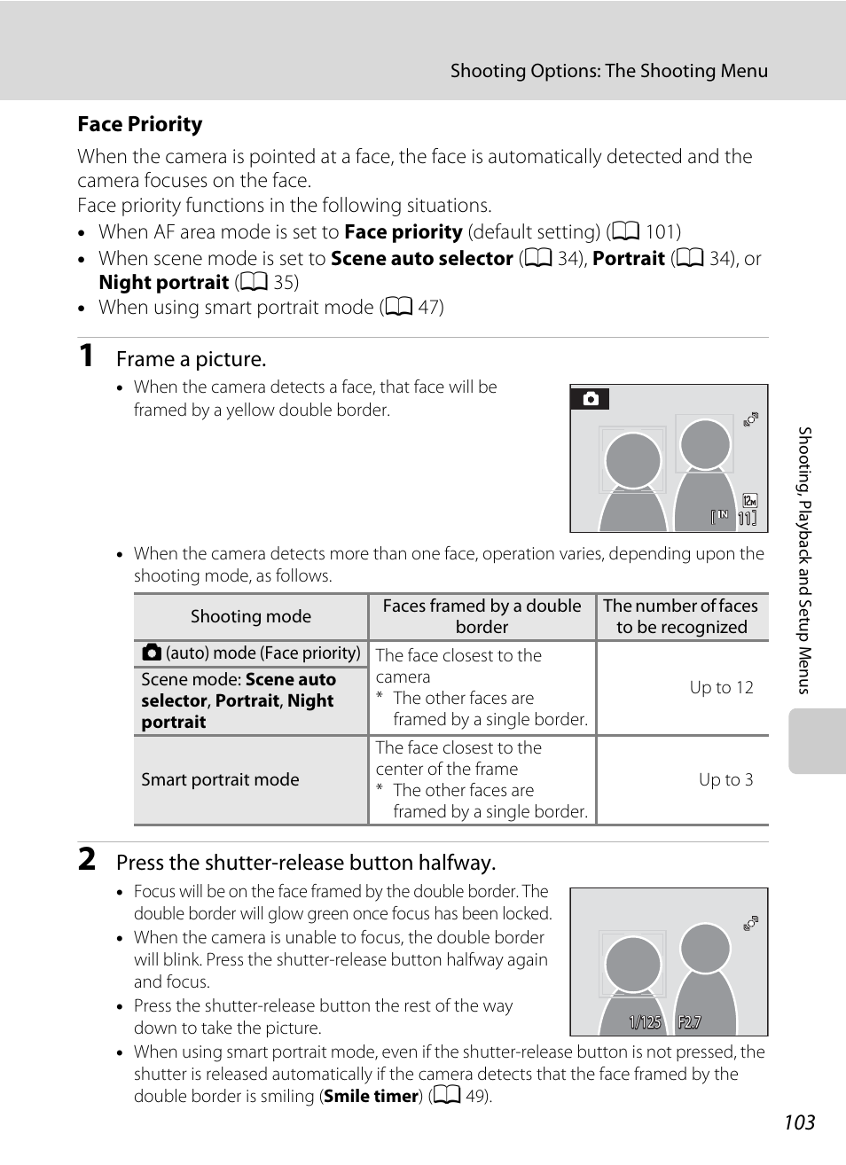 Ce priority, A 103), A 103) will | Face, Priority, A 103, A 103) by rotating th, Face priority, Frame a picture, Press the shutter-release button halfway | Nikon S570 User Manual | Page 115 / 172