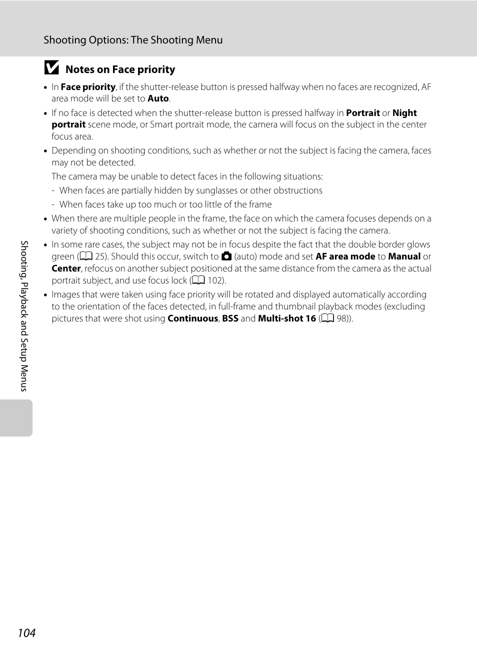 Notes on face priority” (a 104) for | Nikon S570 User Manual | Page 116 / 172