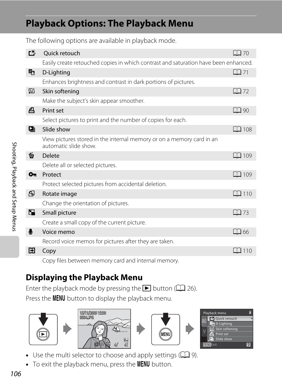 Playback options: the playback menu, Displaying the playback menu, A 106) | Nikon S570 User Manual | Page 118 / 172
