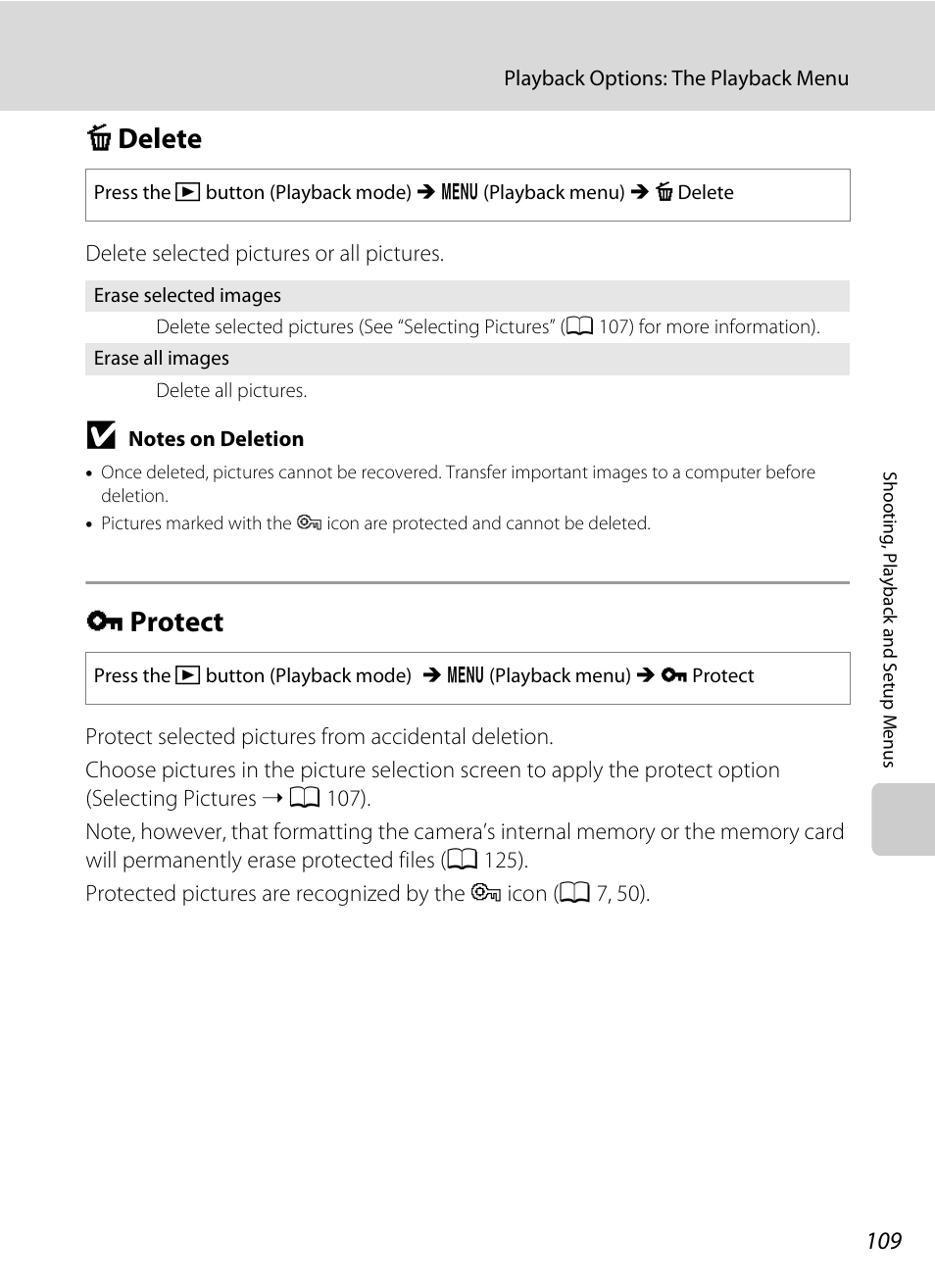 Delete, Protect, C delete d protect | A 109), A 109) s, A 109, C delete, D protect | Nikon S570 User Manual | Page 121 / 172