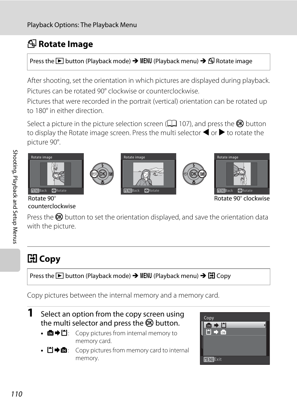 Rotate image, Copy, F rotate image h copy | A 110, A 110) cannot be, A 110), F rotate image, H copy | Nikon S570 User Manual | Page 122 / 172