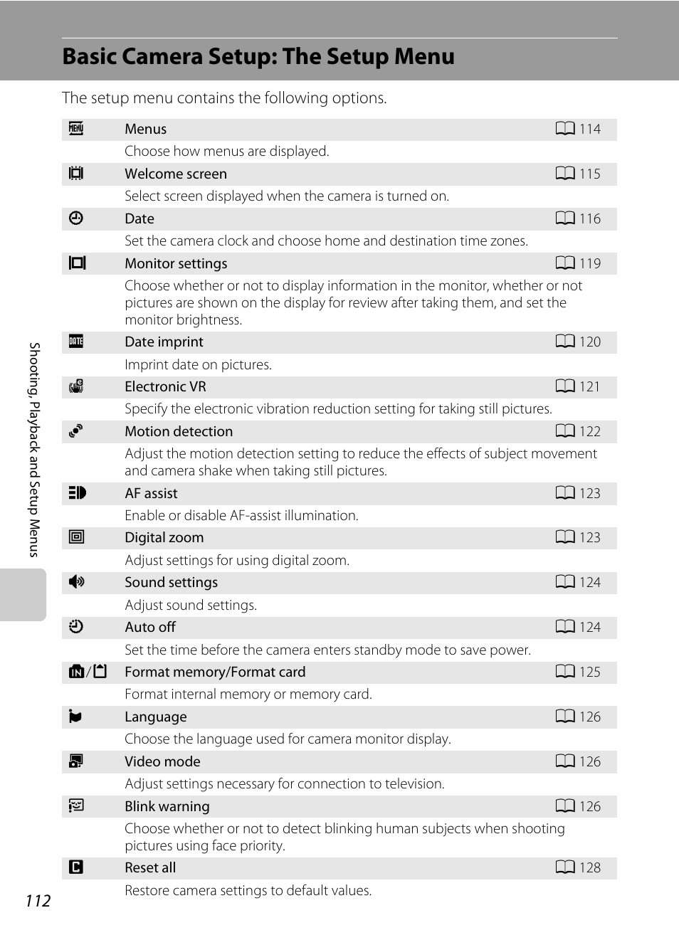 Basic camera setup: the setup menu, Nu (a 112) to, Tup menu (a 112 | Nikon S570 User Manual | Page 124 / 172