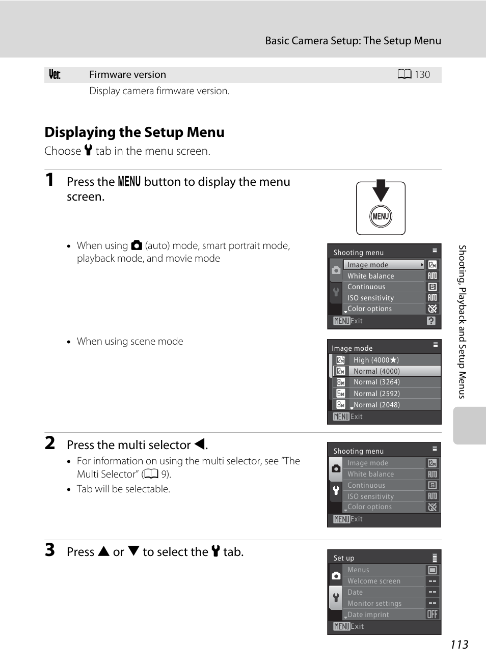 Displaying the setup menu, Press the d button to display the menu screen, Press the multi selector j | Press h or i to select the z tab, Choose z tab in the menu screen | Nikon S570 User Manual | Page 125 / 172