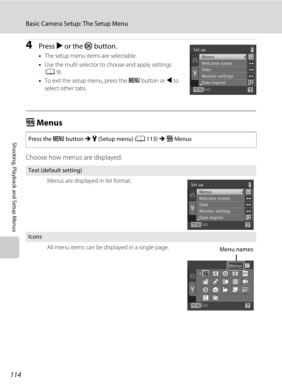 Menus, A menus, A 114 | Press k or the k button, Choose how menus are displayed | Nikon S570 User Manual | Page 126 / 172