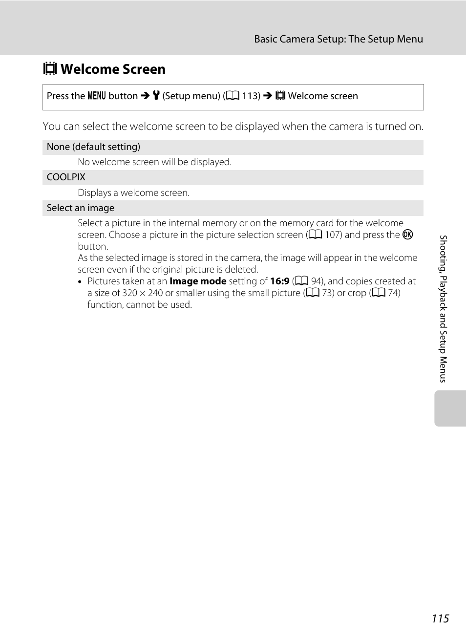 Welcome screen, C welcome screen, A 115) | A 115 | Nikon S570 User Manual | Page 127 / 172