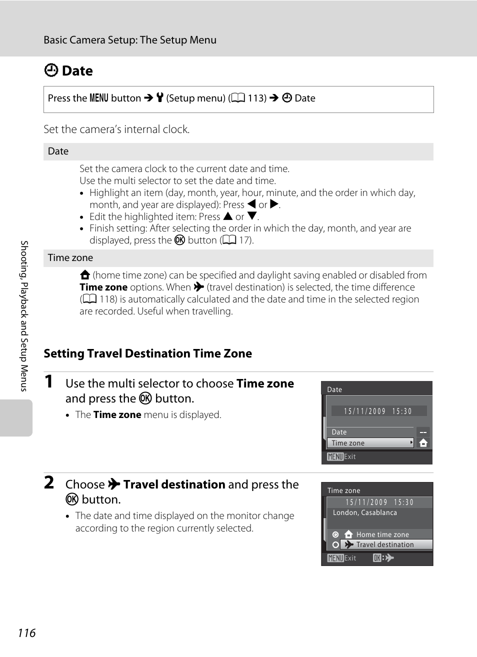 Date, D date, A 116) | A 116, Setting travel destination time zone, Choose x travel destination and press the k button | Nikon S570 User Manual | Page 128 / 172