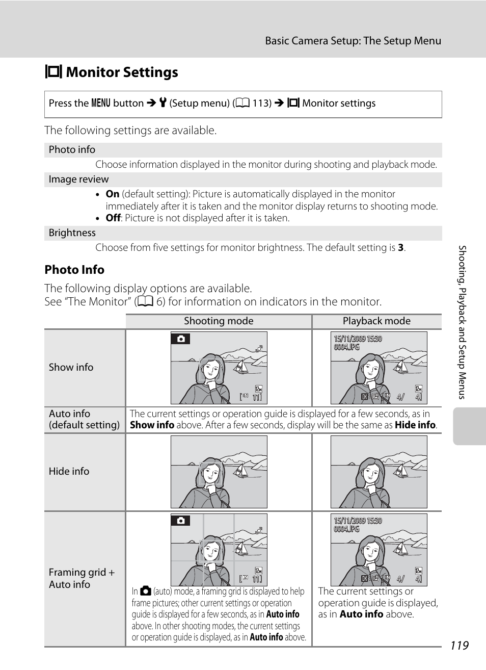 Monitor settings, E monitor settings, A 119) | A 119, Photo info, The following settings are available | Nikon S570 User Manual | Page 131 / 172