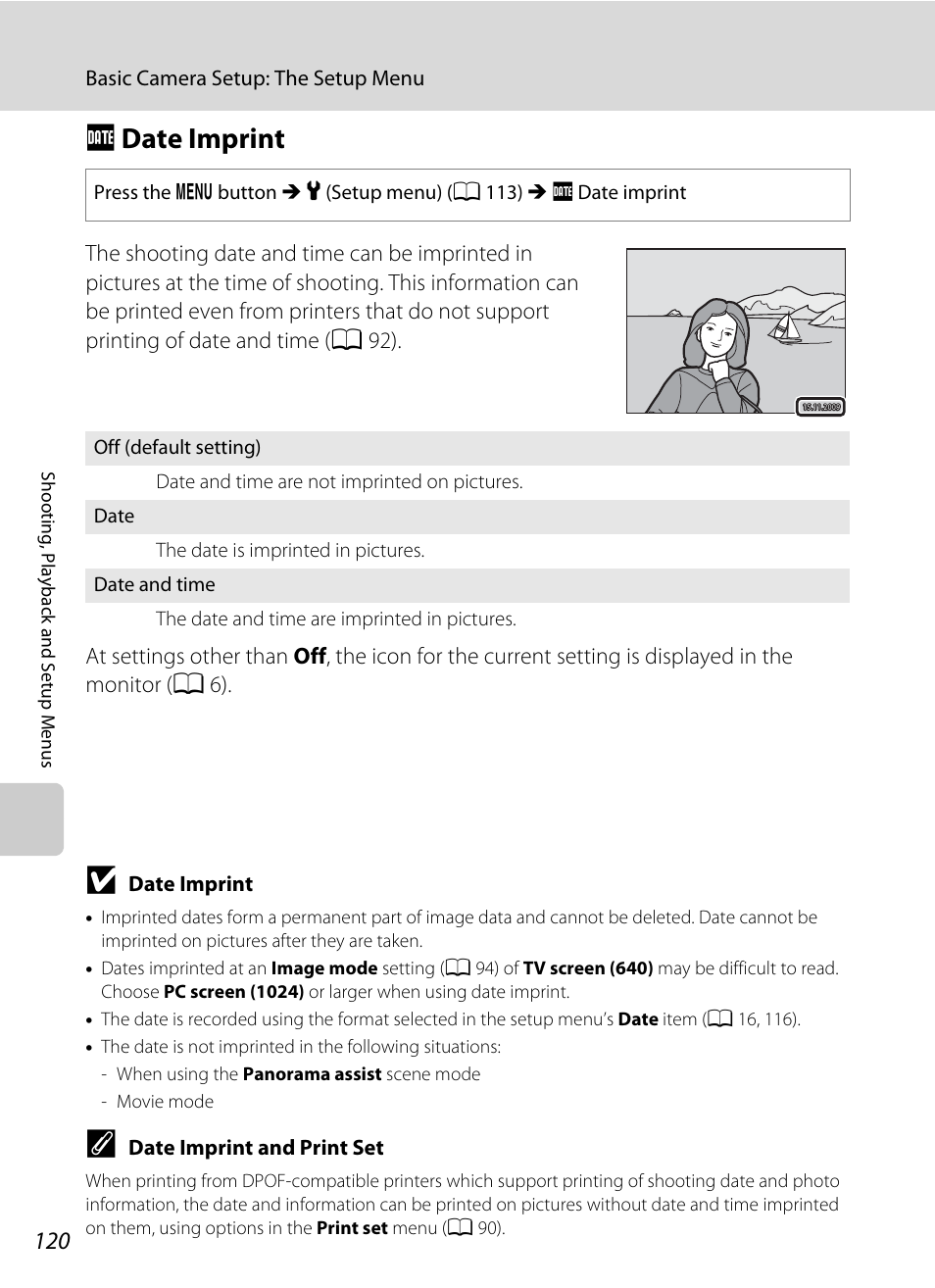 Date imprint, F date imprint, A 120 | Nikon S570 User Manual | Page 132 / 172