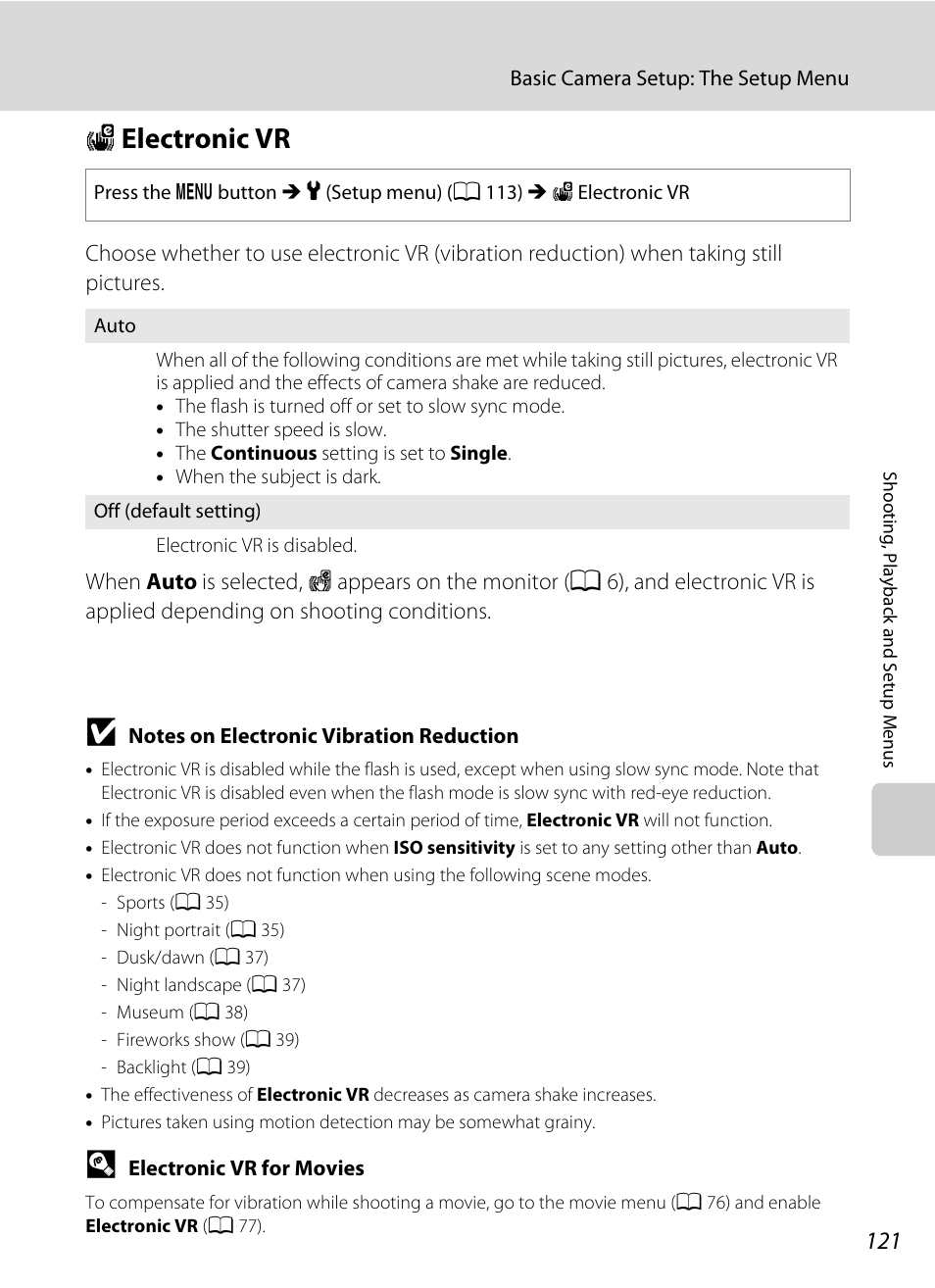 Electronic vr, W electronic vr, A 121) i | A 121 | Nikon S570 User Manual | Page 133 / 172