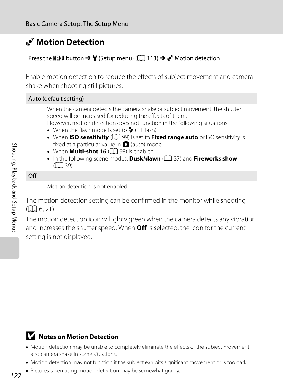 Motion detection, U motion detection, A 122) i | A 122) does not function, A 122 | Nikon S570 User Manual | Page 134 / 172