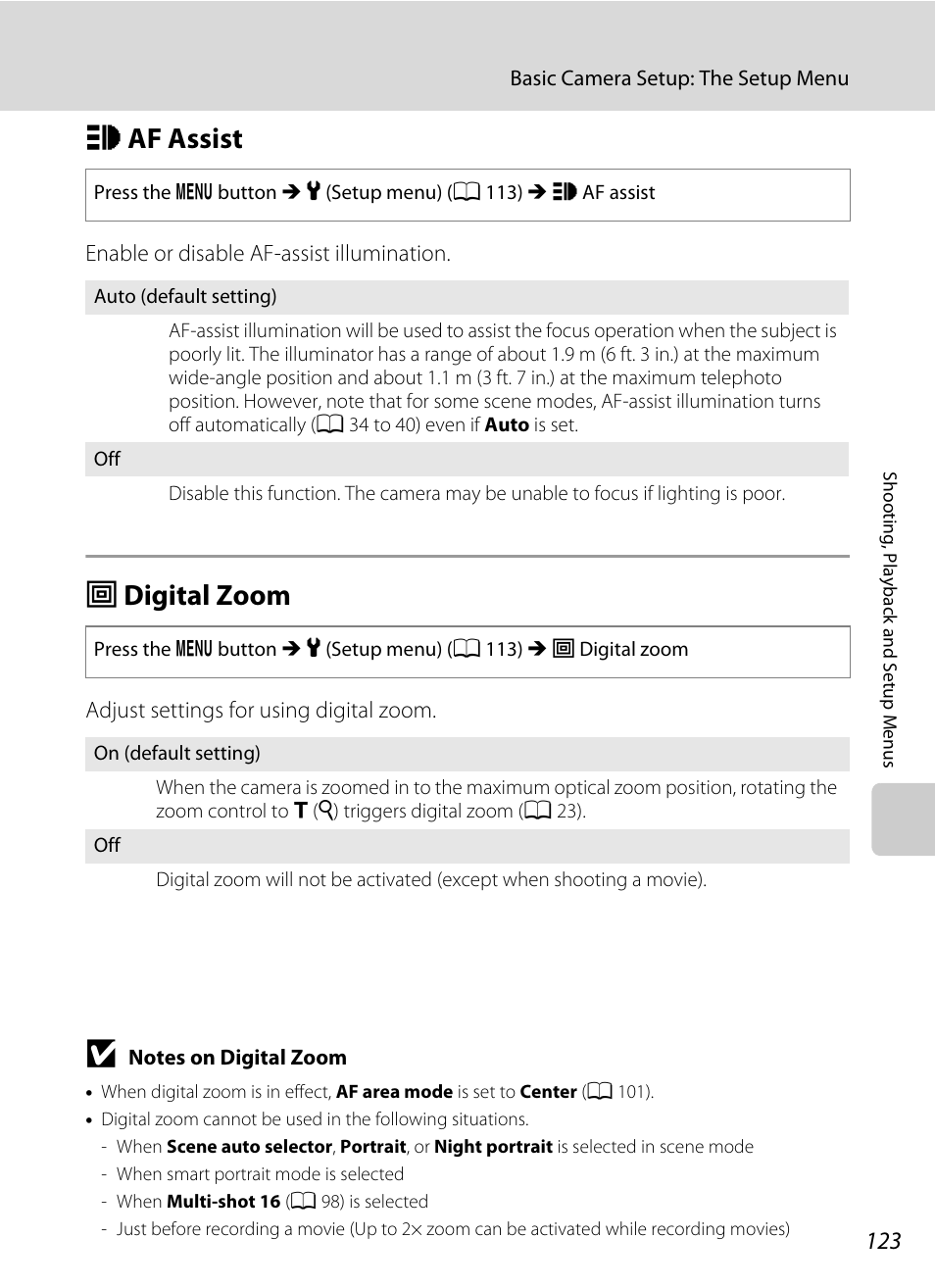 Af assist, Digital zoom, H af assist u digital zoom | A 123) may l, A 123) does not, A 123, H af assist, U digital zoom | Nikon S570 User Manual | Page 135 / 172