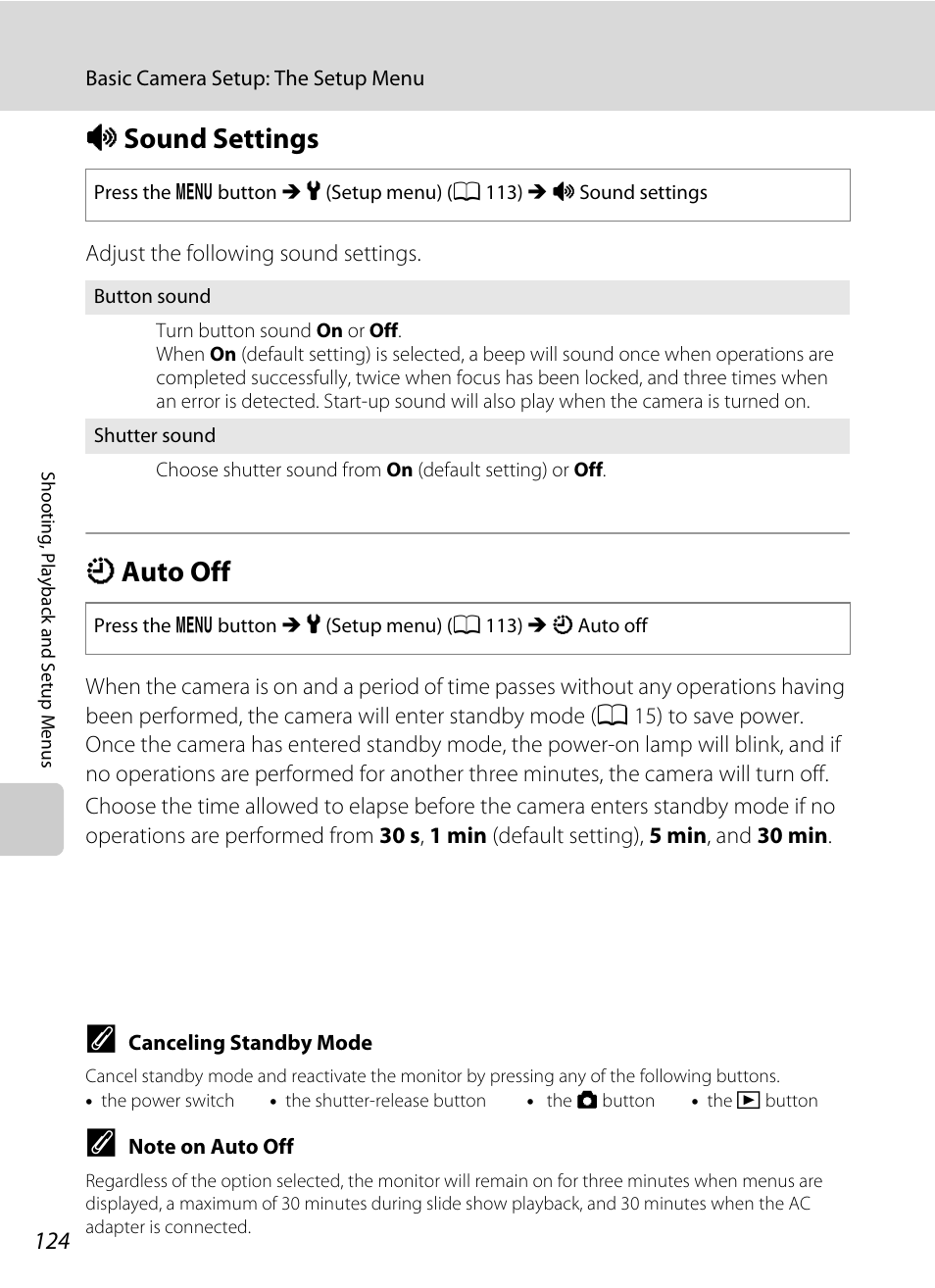 Sound settings, Auto off, I sound settings k auto off | A 124), A 124) in, Tion, A 124, I sound settings, K auto off | Nikon S570 User Manual | Page 136 / 172