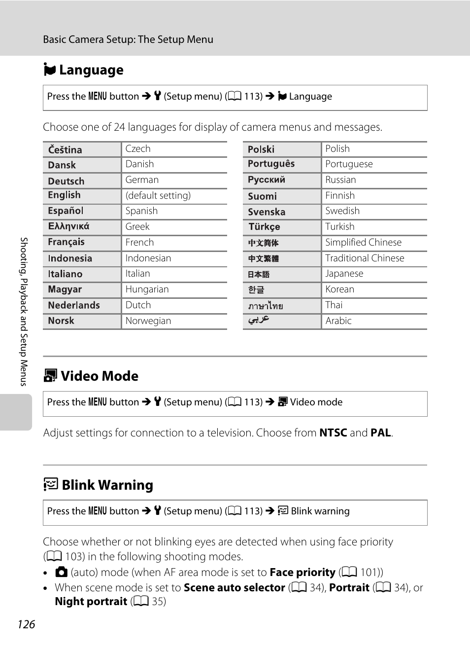 Language, Video mode, Blink warning | N language o video mode d blink warning, A 126, N language, O video mode, D blink warning | Nikon S570 User Manual | Page 138 / 172