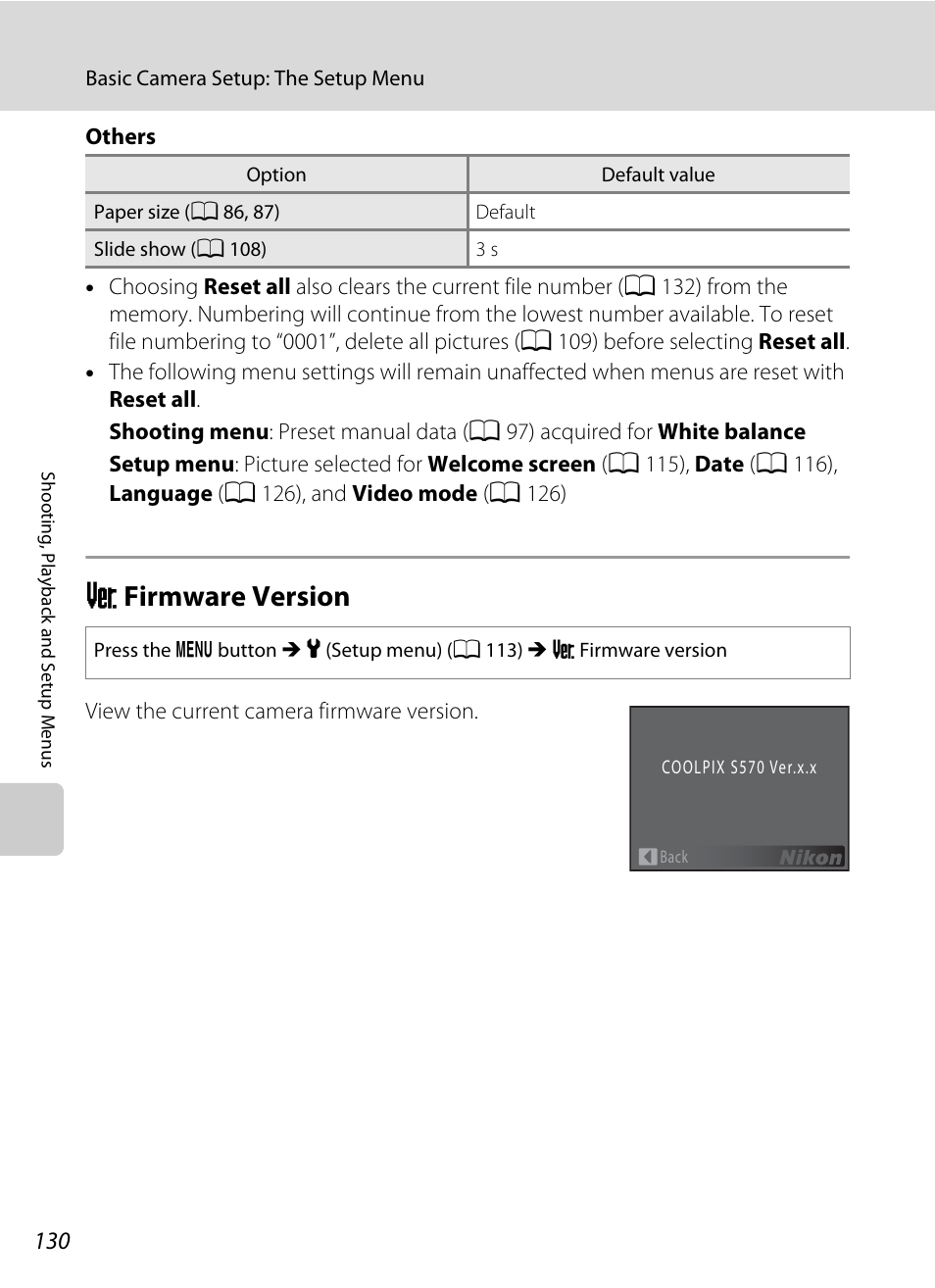 Firmware version, R firmware version, A 130 | Nikon S570 User Manual | Page 142 / 172