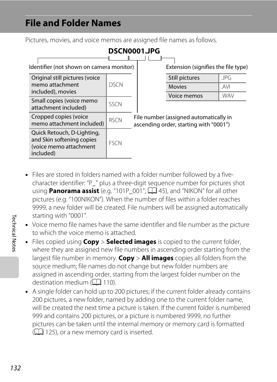 File and folder names, Ee “file and folder names, A 132) for | A 132) or moved from the, A 132). only the, A 132). the editi, A 132) from the, Dscn0001.jpg | Nikon S570 User Manual | Page 144 / 172