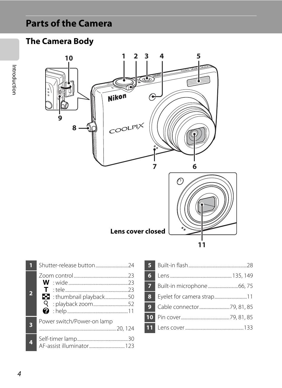 Parts of the camera, The camera body | Nikon S570 User Manual | Page 16 / 172