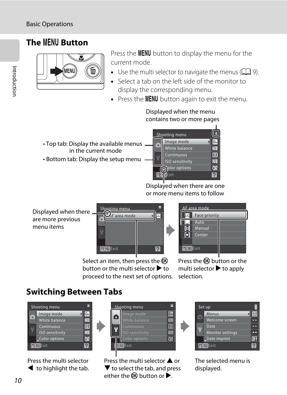 The menu button, Switching between tabs, D button | The d button switching between tabs, Basic operations | Nikon S570 User Manual | Page 22 / 172