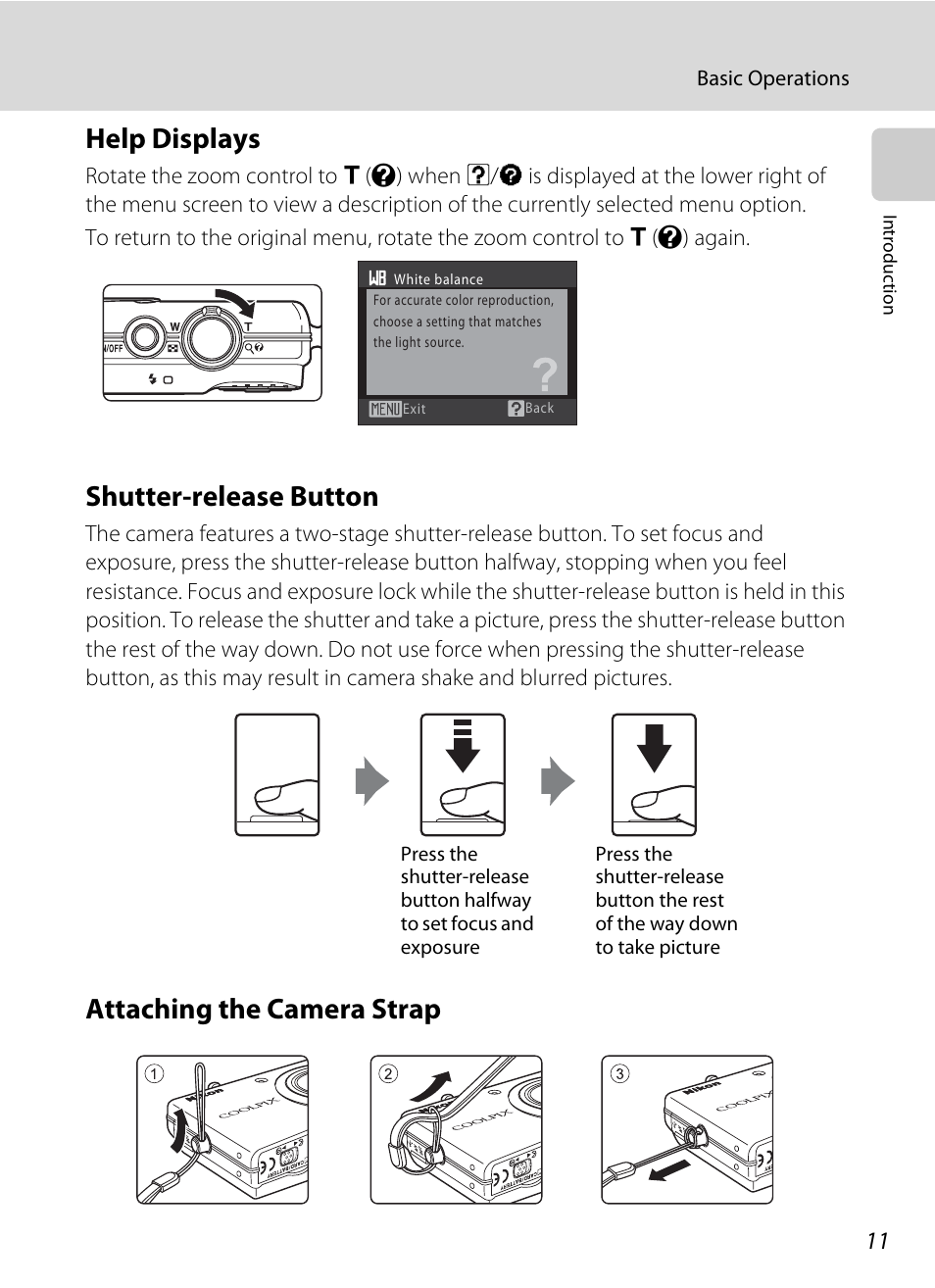 Help displays, Shutter-release button, Attaching the camera strap | Nikon S570 User Manual | Page 23 / 172