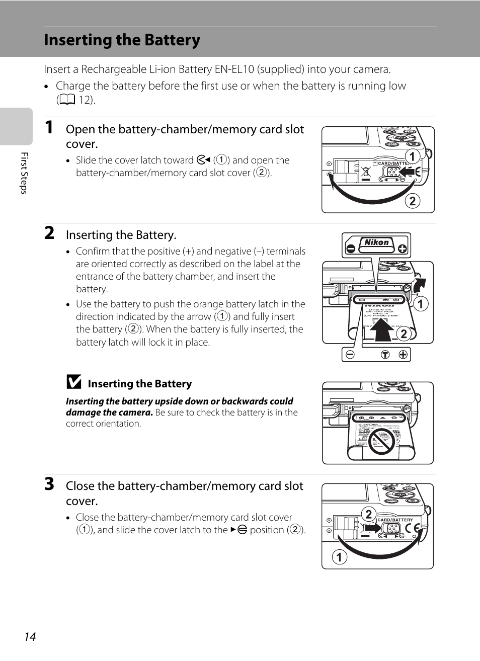 Inserting the battery | Nikon S570 User Manual | Page 26 / 172