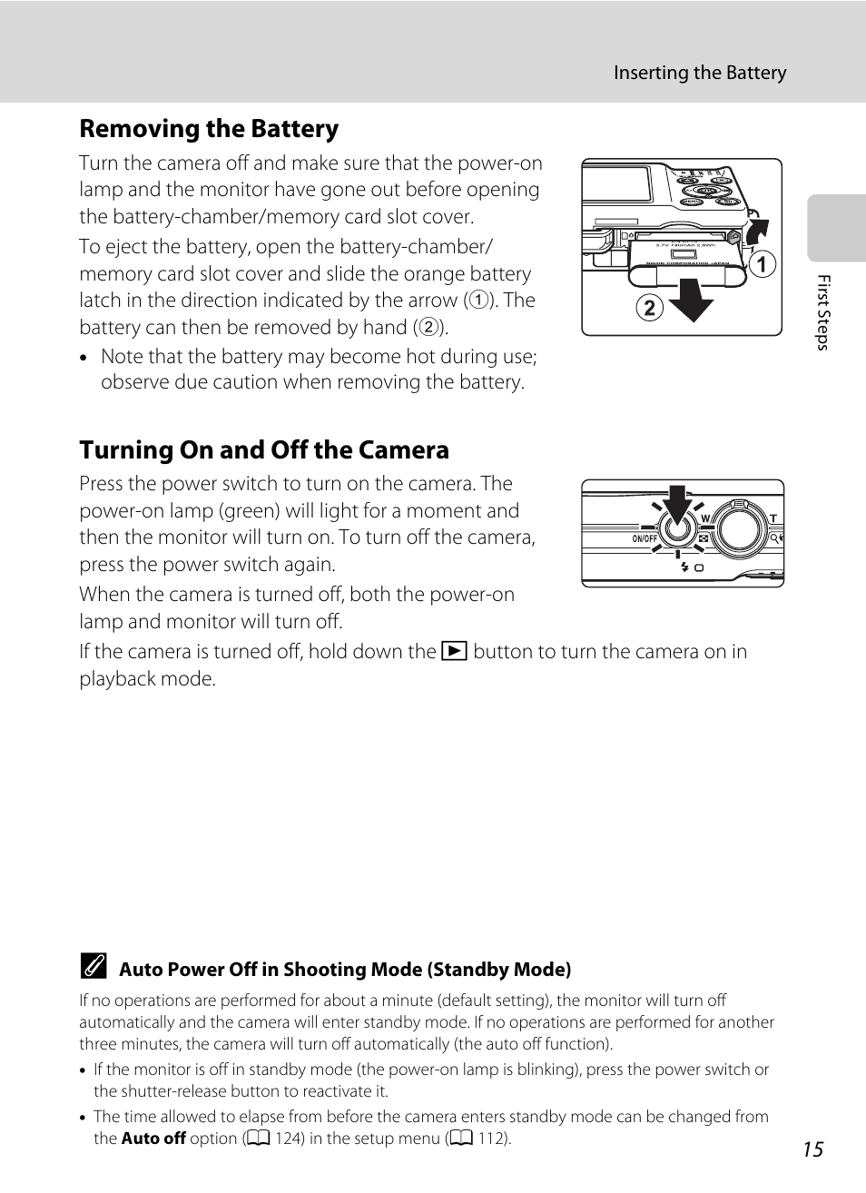 Removing the battery, Turning on and off the camera, Removing the battery turning on and off the camera | Nikon S570 User Manual | Page 27 / 172