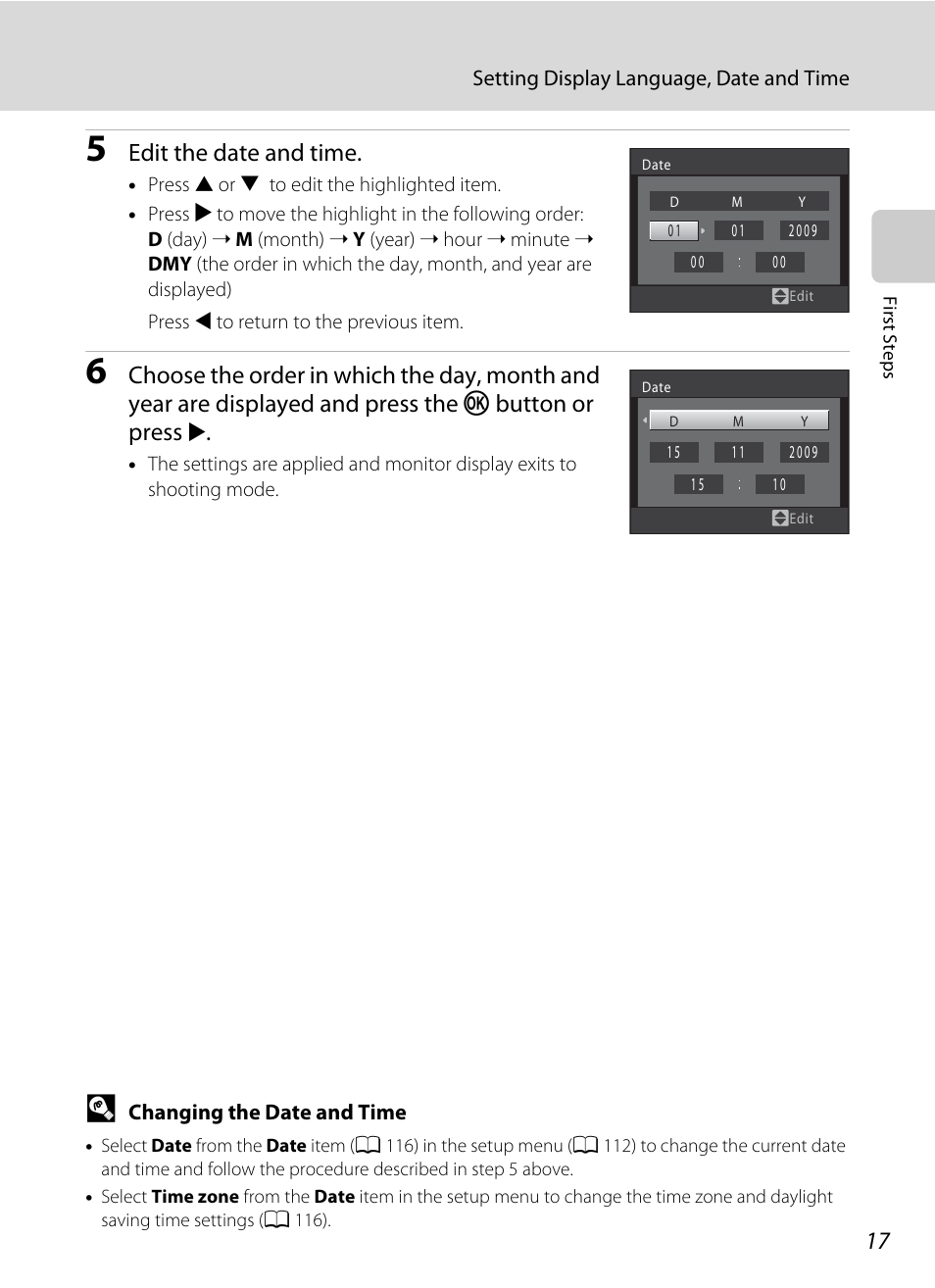 Edit the date and time | Nikon S570 User Manual | Page 29 / 172