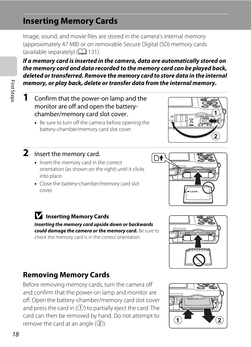 Inserting memory cards, Removing memory cards | Nikon S570 User Manual | Page 30 / 172