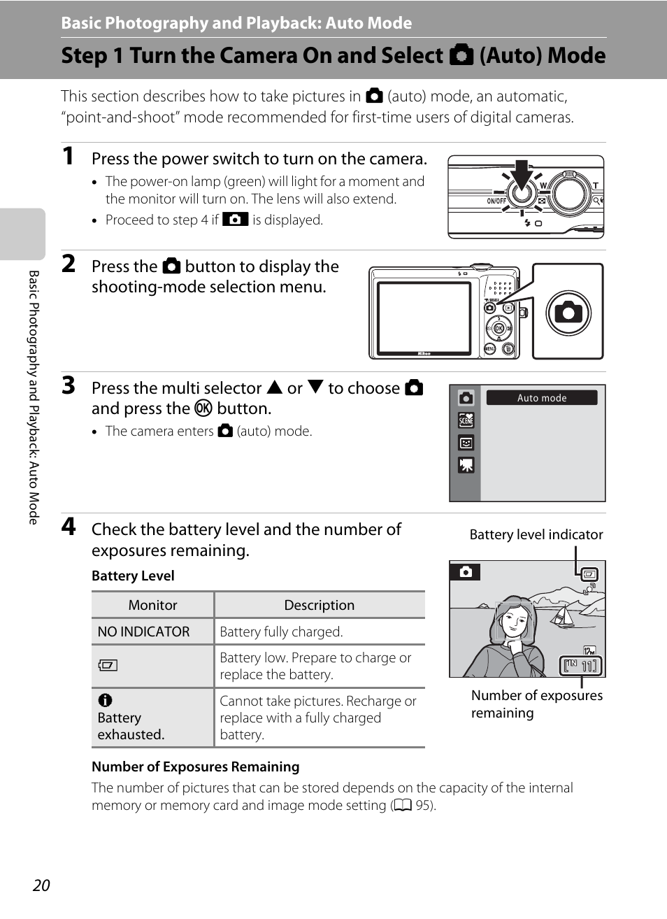 Basic photography and playback: auto mode, Step 1 turn the camera on and select (auto) mode, A basic photography and playback: auto mode | Step 1 turn the camera on and select a (auto) mode, A 20) | Nikon S570 User Manual | Page 32 / 172