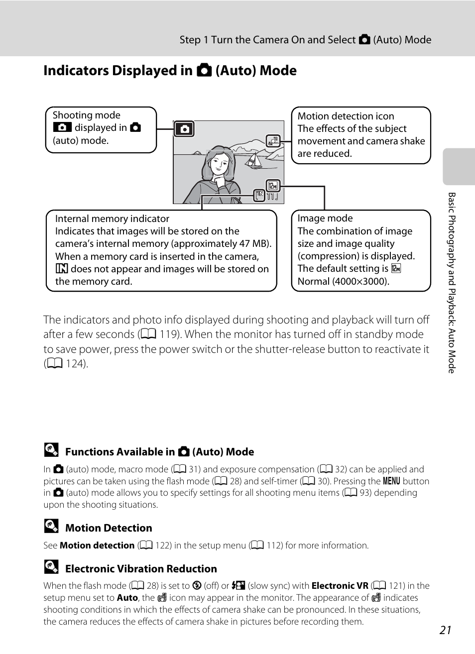 Indicators displayed in (auto) mode, Indicators displayed in a (auto) mode | Nikon S570 User Manual | Page 33 / 172