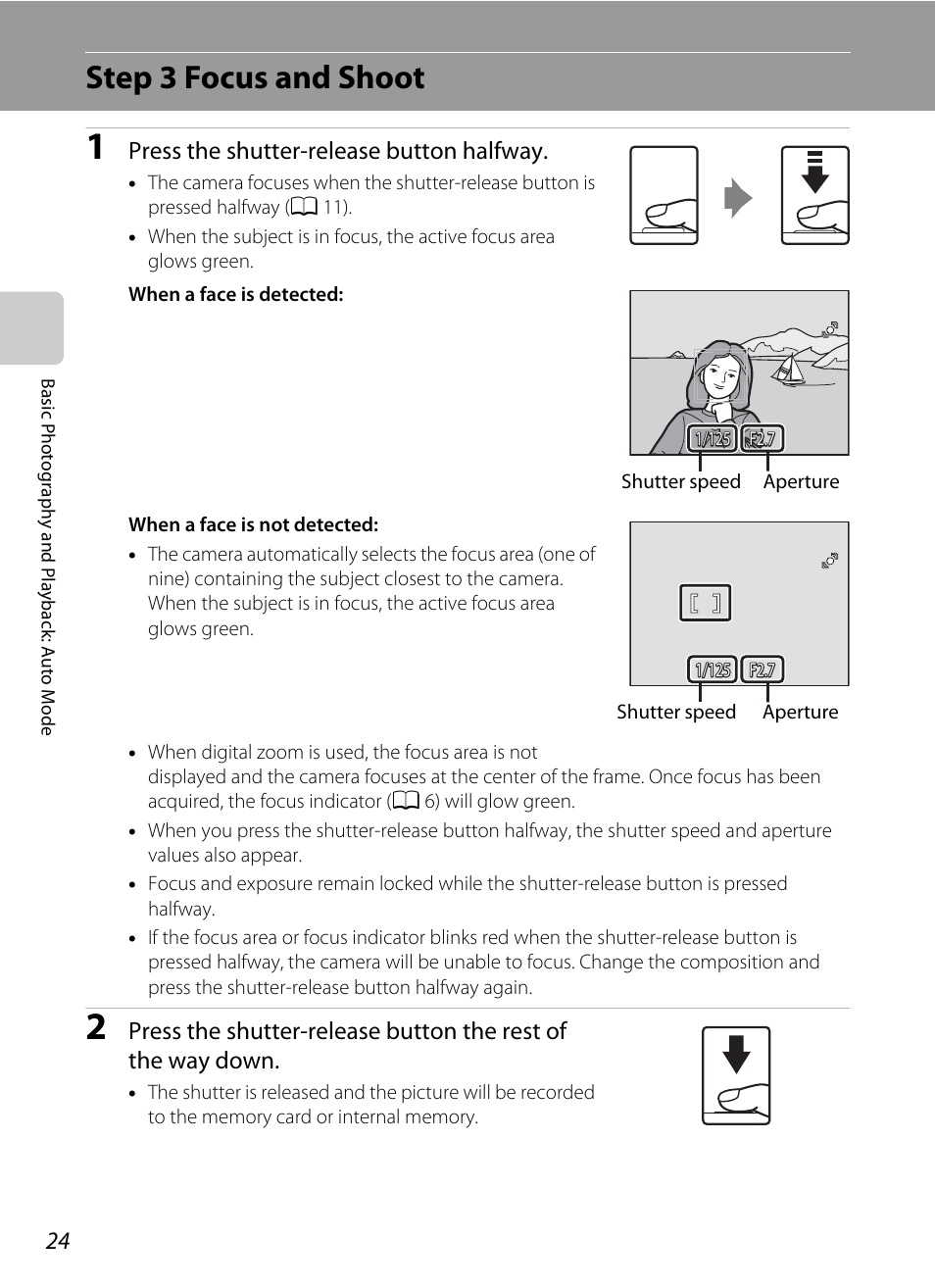 Step 3 focus and shoot, Press the shutter-release button halfway | Nikon S570 User Manual | Page 36 / 172