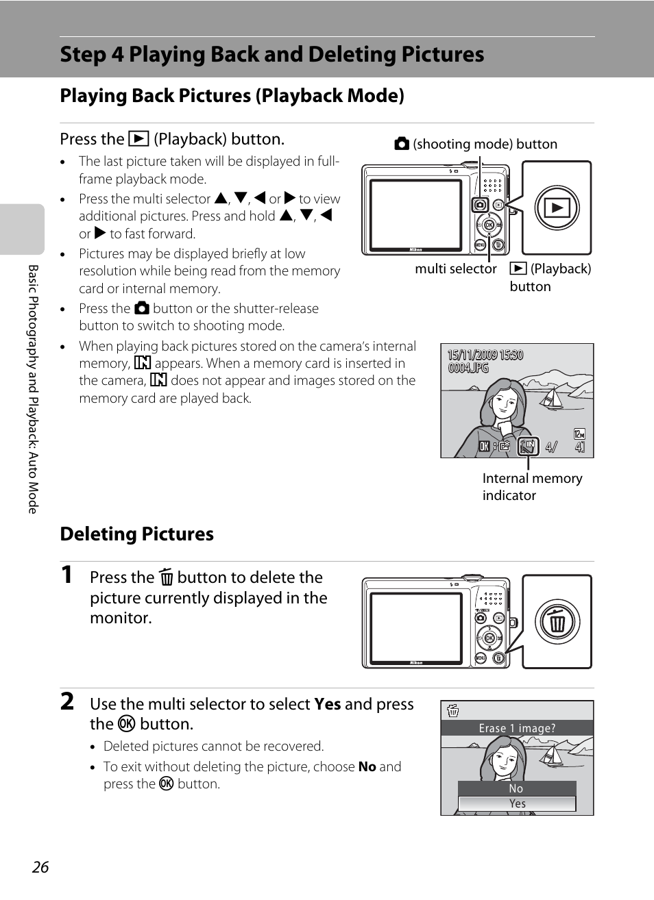 Step 4 playing back and deleting pictures, Playing back pictures (playback mode), Deleting pictures | A 26) | Nikon S570 User Manual | Page 38 / 172