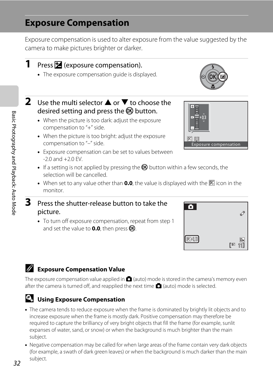 Exposure compensation, A 32), A 32) can | Nikon S570 User Manual | Page 44 / 172