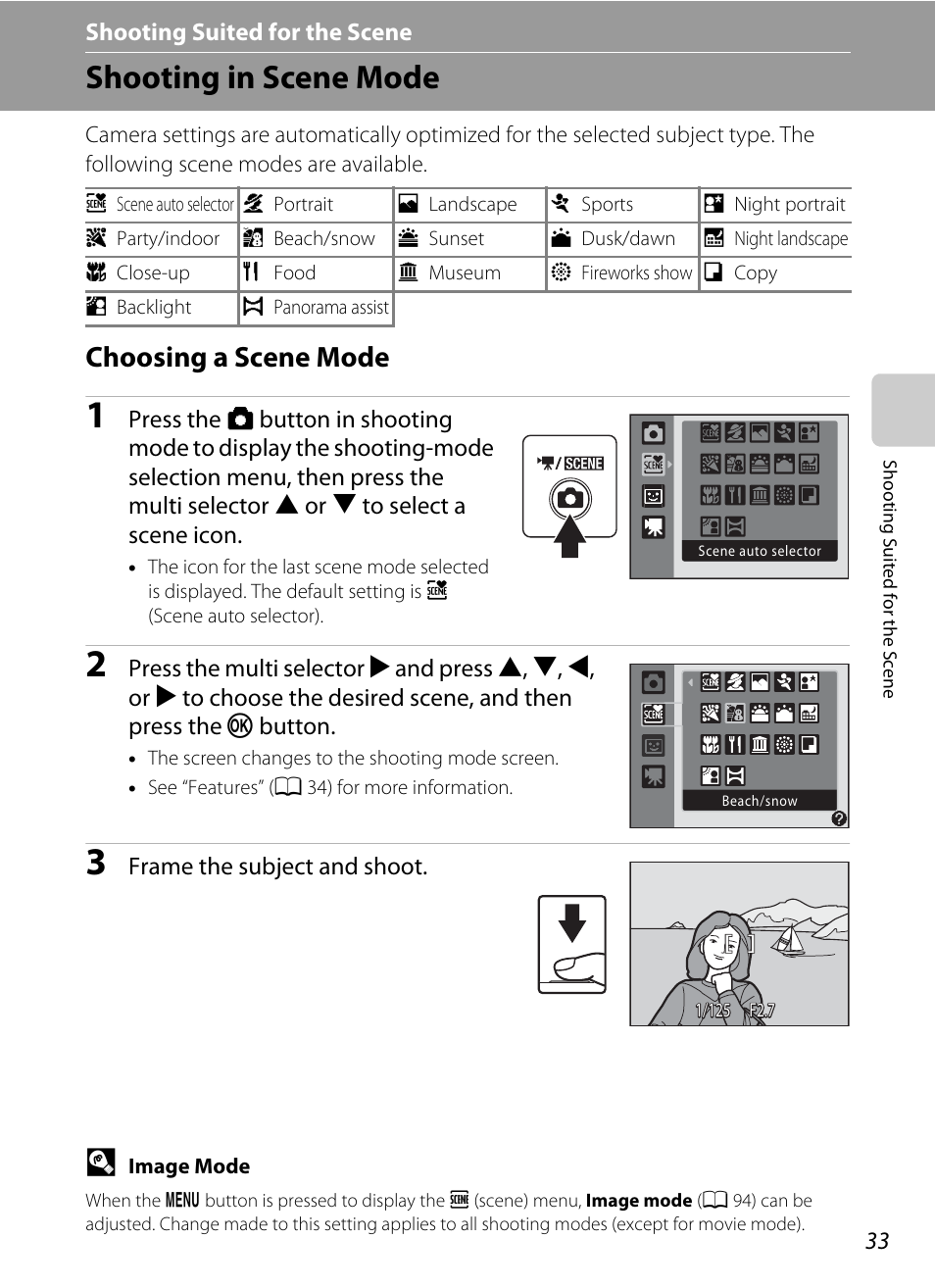 Shooting suited for the scene, Shooting in scene mode, Choosing a scene mode | C shooting suited for the scene, A 33) | Nikon S570 User Manual | Page 45 / 172