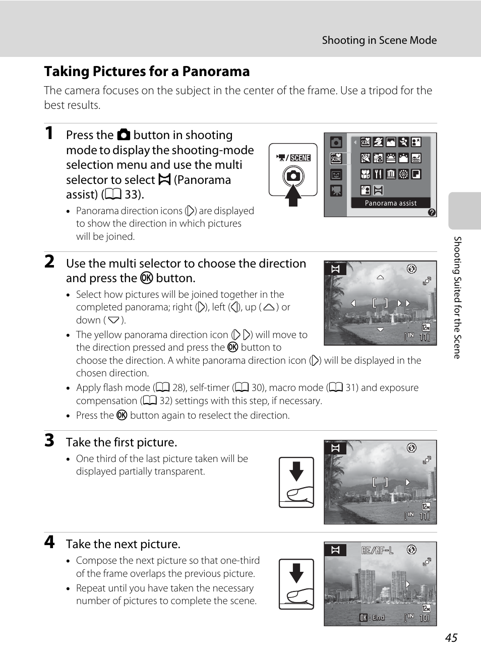 Taking pictures for a panorama | Nikon S570 User Manual | Page 57 / 172