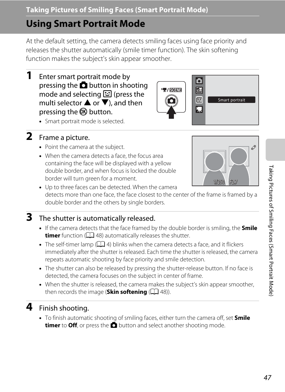Using smart portrait mode, A 47) | Nikon S570 User Manual | Page 59 / 172