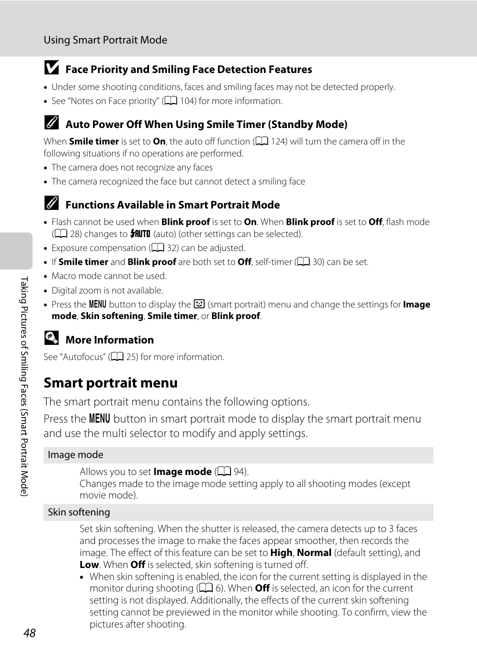 Smart portrait menu, A 48), Tion | A 48)) | Nikon S570 User Manual | Page 60 / 172