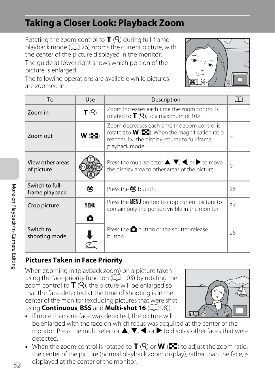 Taking a closer look: playback zoom, Pictures taken in face priority | Nikon S570 User Manual | Page 64 / 172