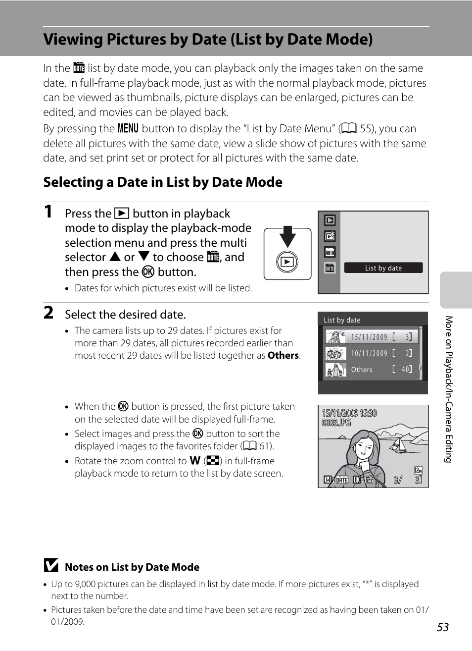 Viewing pictures by date (list by date mode), Selecting a date in list by date mode, A 53) | A 53, Select the desired date | Nikon S570 User Manual | Page 65 / 172