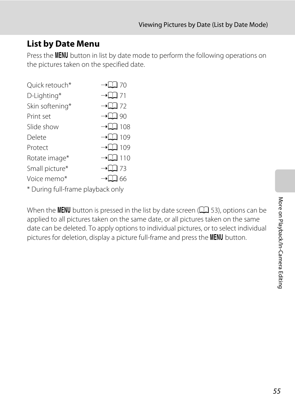 List by date menu, A 55, A 55) a | Nikon S570 User Manual | Page 67 / 172