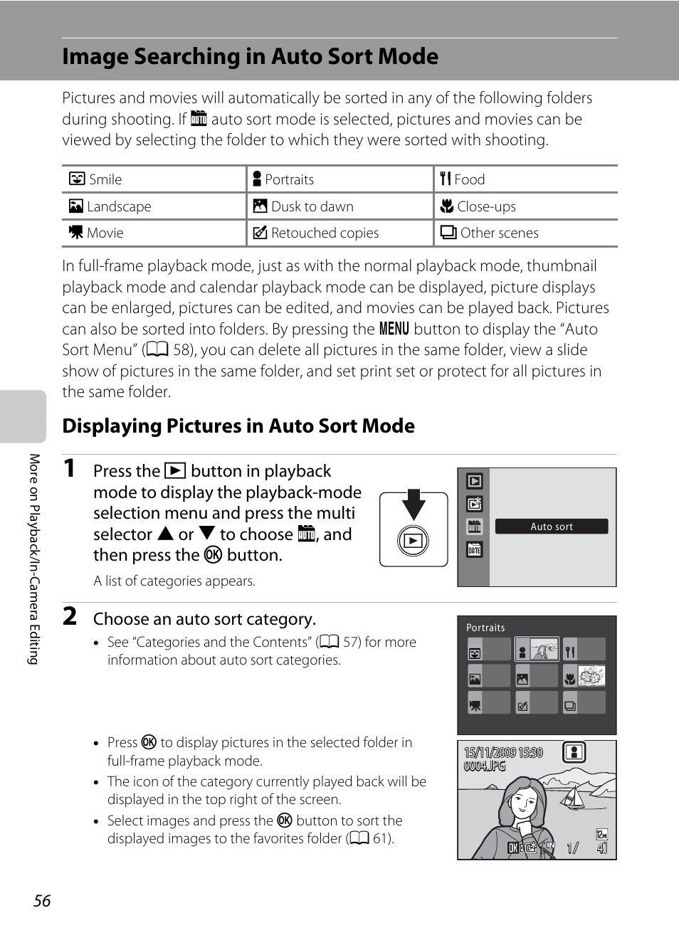 Image searching in auto sort mode, Displaying pictures in auto sort mode, A 56) | Nikon S570 User Manual | Page 68 / 172
