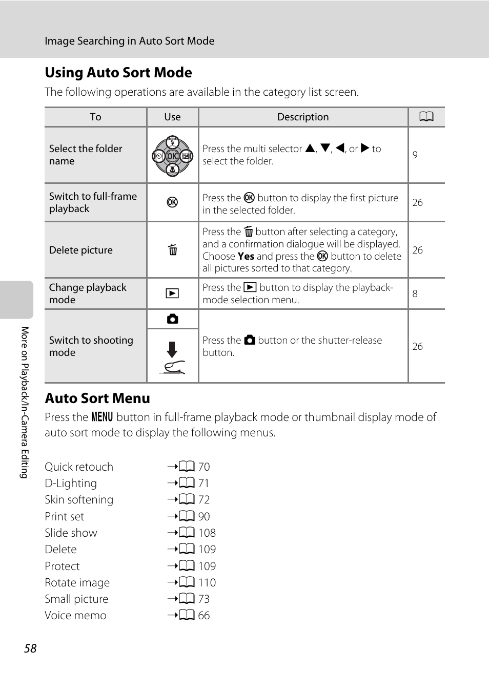 Using auto sort mode, Auto sort menu, Using auto sort mode auto sort menu | A 58, Button to display the “auto, Sort menu, A 58), y | Nikon S570 User Manual | Page 70 / 172